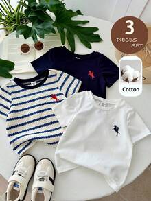 LMoss Kids 3件套男婴针织纯色条纹圆领修身休闲T恤套装 - 彩色 - 查看 3