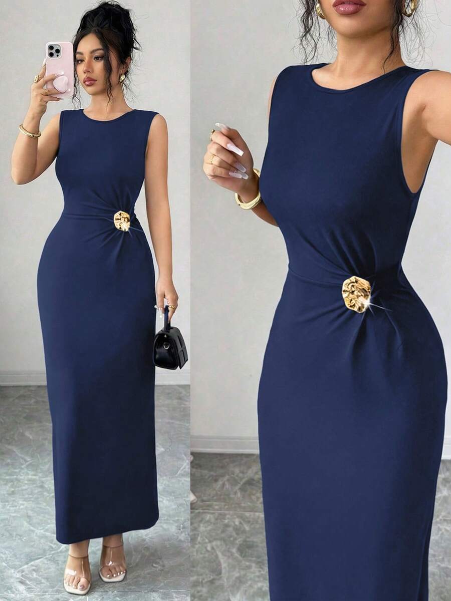 SHEIN Raffinéa Đầm không tay xẻ tà bên hông trang nhã đính kim loại dành cho nữ, thích hợp cho mùa hè. - Màu xanh lam - Xem 1