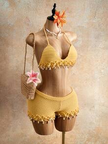 BamGleam Suéter de mujer de dos piezas, parte superior de punto sin mangas de cuello halter ultra corta con flecos naranja, pantalones cortos ultra cortos de suéter de mujer, traje de baño de playa, atuendo para fiesta en la piscina, ropa de resort, atuendo para festival de música, estilo casual de resort - Amarillo - Ver 4