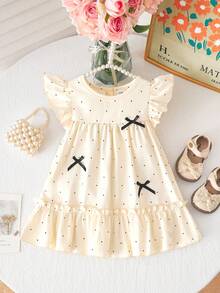 SHEIN Baby Girls' Casual Cute Polka Dot Bowknot Flounce Sleeve Design Dress, Suitable For Spring/Summer Daily Wear - Apricot - View 9