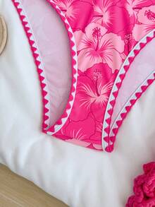 SHEIN Bộ đồ bơi tankini họa tiết hoa nhí màu hồng cánh sen dành cho thiếu nữ, viền vỏ sò, kiểu áo hai dây hở lưng mùa hè, đồ bơi đi biển. - Màu Hồng Tươi - Xem 6