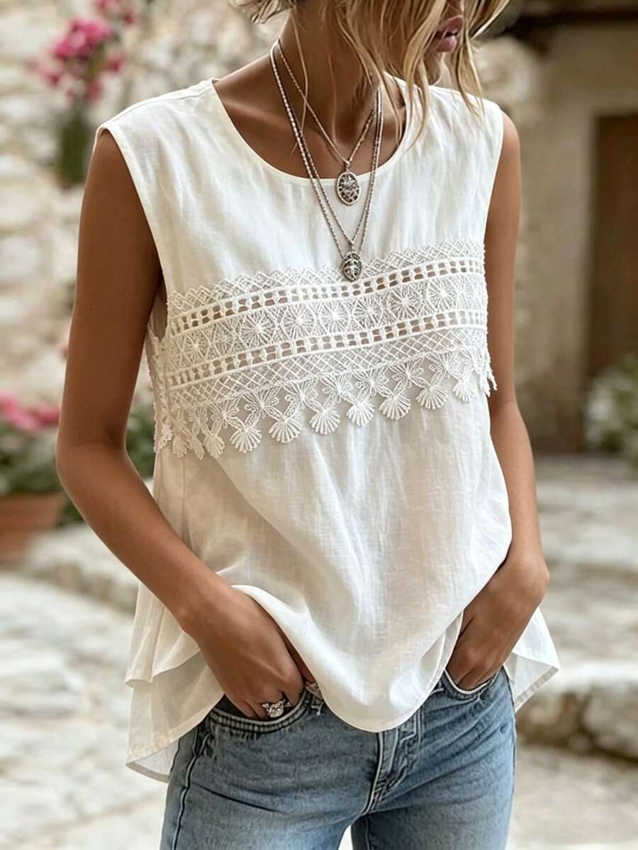 SHEIN Áo tank top ren trắng không tay dành cho nữ, cổ tròn, thêu tua rua, cài nút phía sau, kiểu dáng thường ngày, nhẹ, thoáng khí, thích hợp mặc hàng ngày, đi biển và các dịp thường nhật. - trắng - Xem 1