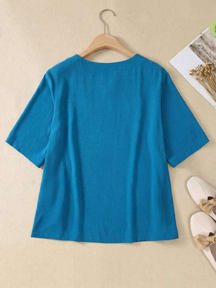 Plus Size Women Embroidered Hem Button-Up Round Neck Blouse Summer Outfit For Festival Outfits Beach Vacation Holiday Country Concert