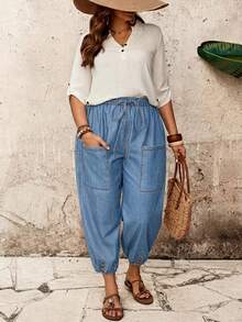 EMERY ROSE EMERY ROSE Plus Size Women Drawstring Waist Pocket Casual Versatile Daily Wear Denim Jeans - Light Wash - View 4