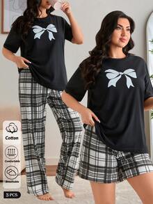 SHEIN Plus Cotton 3pcs/Set Women' S Plaid Print Pajamas &Shorts And Bow Patterned Detail Homewear Pajama Set - Black and White - View 12