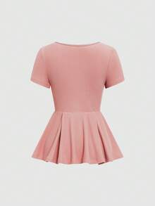 Elenzga Women's Solid Color V-Neck Short Sleeve Ruffle Rib T-Shirt, Summer - Pink - View 6