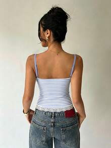 Aloruh 女士性感Y2K蕾丝拼接条纹印花吊带背心 - 藍色 - 查看 5