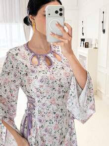 Yasmyna 女士优雅花卉印花交叉裹腰阿拉伯风格连衣裙 - 彩色 - 查看 1