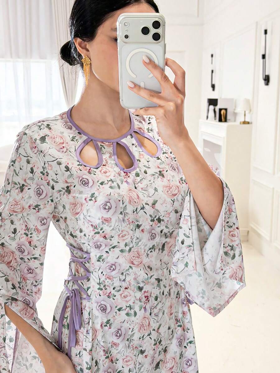 Yasmyna 女士优雅花卉印花交叉裹腰阿拉伯风格连衣裙 - 彩色 - 查看 1