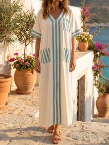 Louniche Women's Casual Loose Long Dress, Fashionable Striped Large Pocket Design, Suitable For Summer Daily Vacation - Green - View 4