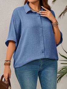 EMERY ROSE Plus Size Women's Solid Color Batwing Sleeve Loose Single-Breasted Casual Shirt,Vacation Outfits Woman,Summer Clothes Fall - Dusty Blue - View 6
