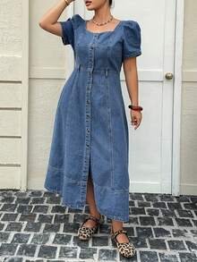 Dazy Plus Plus Size Dark Wash Blue Square Neck Petal Sleeve Fitted Maxi Denim Dress, Spring/Summer Sun Dresses For Women - Light Wash - View 6