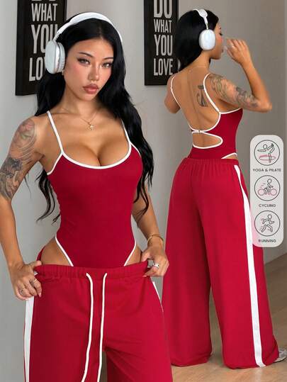 Coolane Women's Summer Y2K Streetwear Casual Sportswear Daily Wear Minimalist Sport Workout Sets Stretchy Backless Sleeveless Bodysuit And Turn-Down Trousers Wide Leg Sweatpants Red 2pcsn