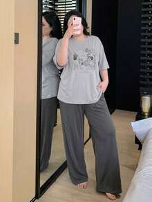 Dazy Plus Plus Size Graphic Print Loose Fit Short Sleeve Top And Elastic Waist Pants Pajama Set Summer - Grey - View 6