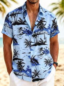 Manfinity RSRT 男士休闲椰树印花单排扣短袖衬衫，日常百搭 - 淺藍色 - 查看 1
