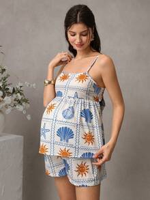 SHEIN ملابس علوية كامي مطبوعة بالزهور + شورت خصر قابل للتعديل، مجموعة حمل مكونة من قطعتين أساسية للعطلات الصيفية والشاطئ - متعدد الألوان - مشاهدة 3