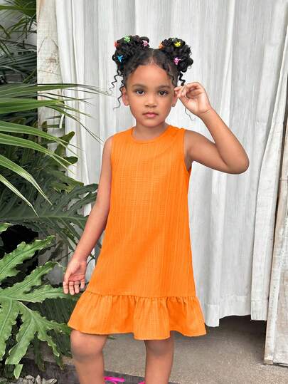 SHEIN Young Girl Casual Vacation Round Neck Textured Fuchsia Dress