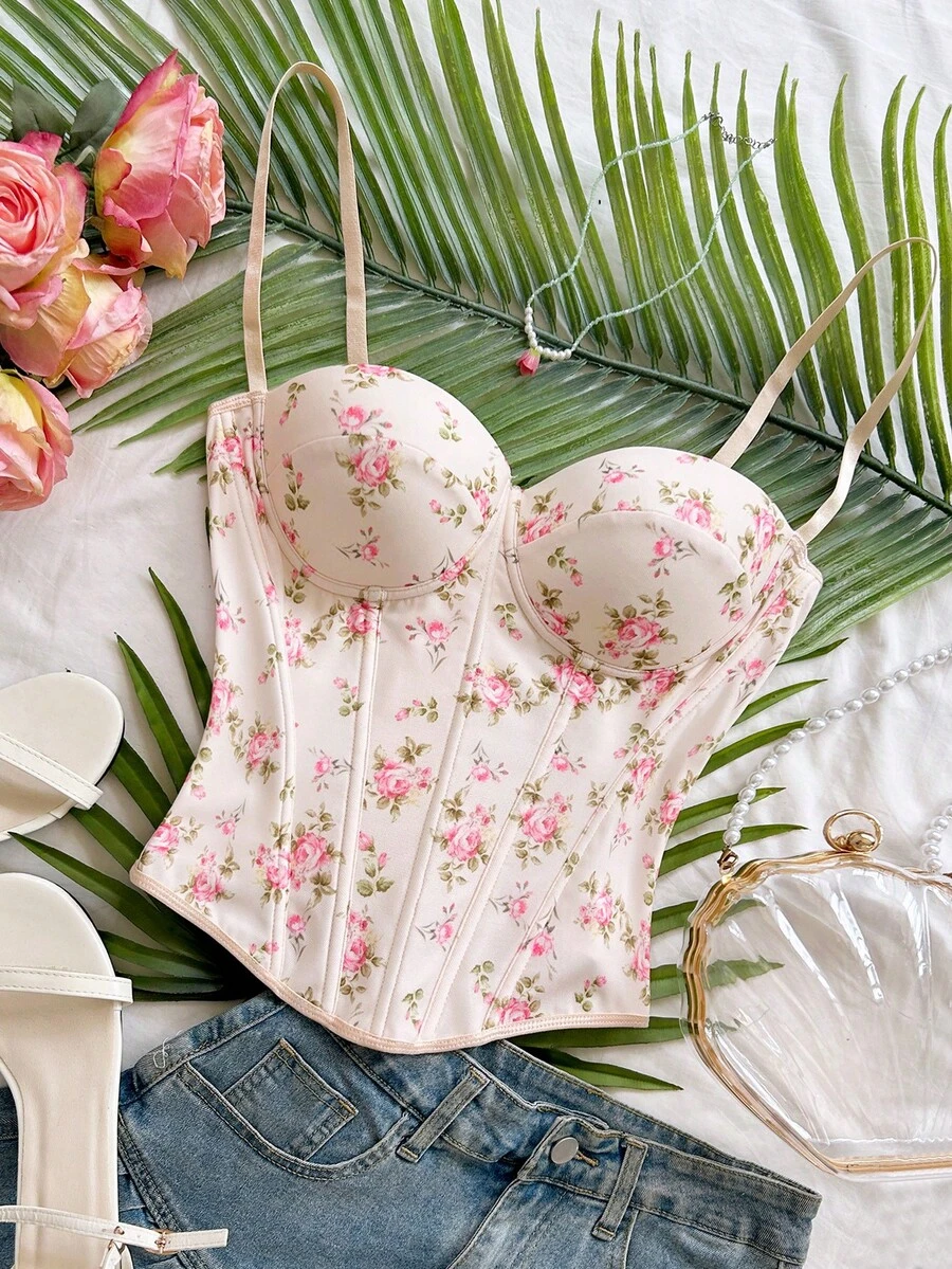 Soleia Women's Floral Print Spaghetti Strap Buttoned Camisole, Suitable For Beach, Seaside, Sexy, Dating,Summer Top - Pink - View 1