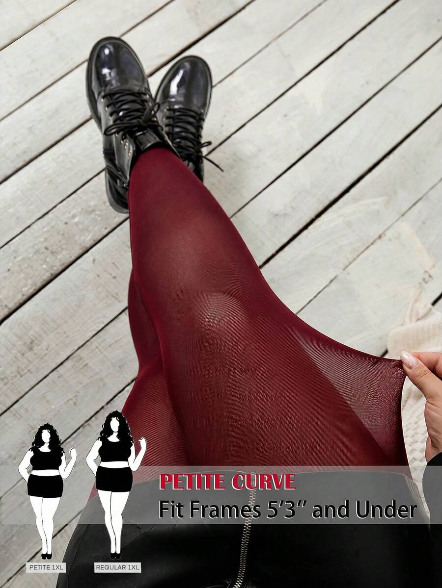 SHEIN PETITE CURVE 女士加大码,情人节,情人节长筒袜,黑色加大码紧身裤,防滑过膝长筒袜,黑色网眼拼接打底裤,休闲日常穿着,简约时尚 - 酒紅色 - 查看 1