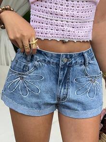 Sunnyshic Quần short denim nữ mùa hè, kiểu dáng thường ngày, đa năng, thêu họa tiết, đã qua xử lý giặt, có gấu quần. - Rửa trung bình - Xem 1
