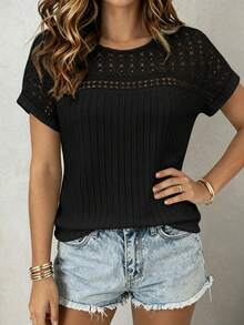 EMERY ROSE Light Gray Ribbed Knit Patchwork Hollow Out Short Sleeve Top - Black - View 5