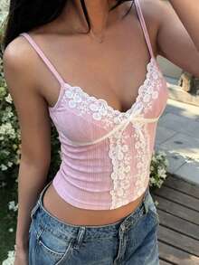 DAZY 春夏镂空蕾丝边撞色蝴蝶结前襟吊带背心，适合音乐节、情人节、婚礼、休闲、海滩度假等场合，修身性感女式背心 - 粉色 - 查看 6