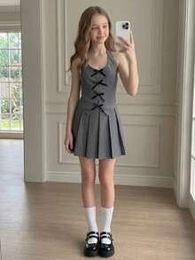 Girlism 少女Y2K风格背心套装，露脐上衣、背心、泡泡裙，两件套，适合夏季休闲外出 - 深灰色 - 查看 2