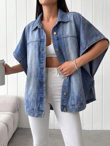 EURMUSE 97 Cotton Flap Pocket Button Front Denim Jacket Light Blue Autumn Streetwear Casual Everyday Back-To-School Travel - Medium Wash - View 1