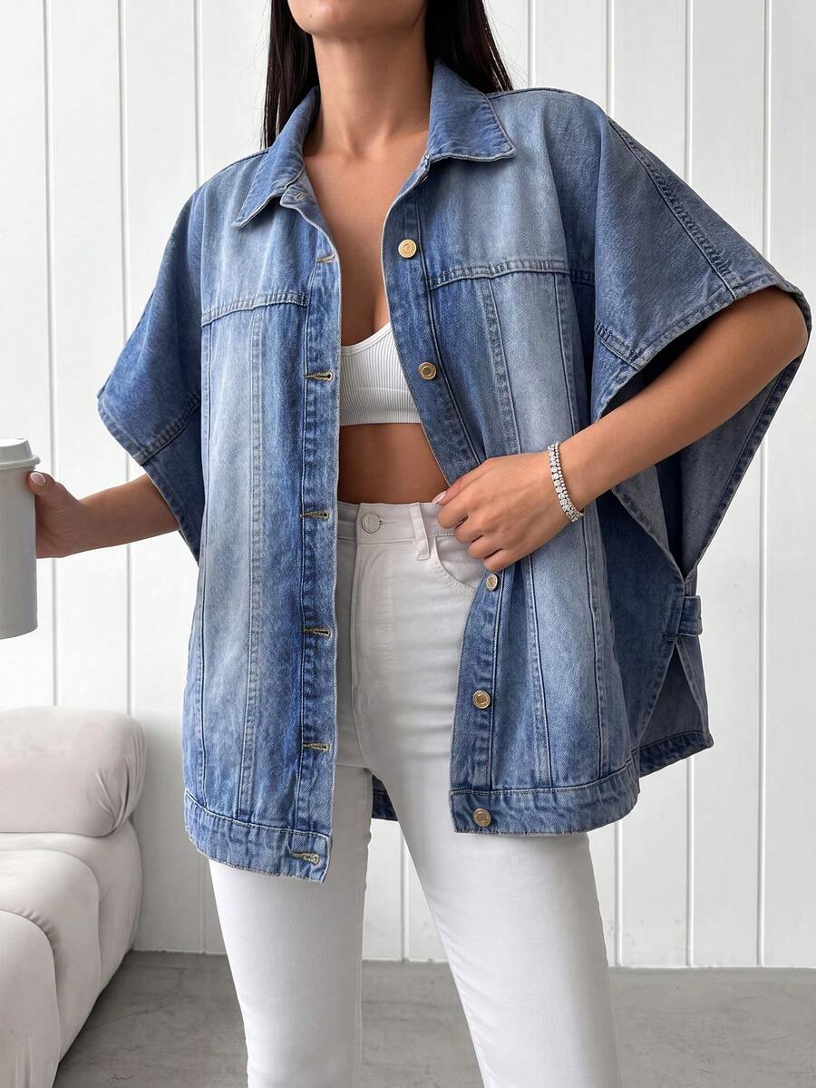 EURMUSE 97 Cotton Flap Pocket Button Front Denim Jacket Light Blue Autumn Streetwear Casual Everyday Back-To-School Travel - Medium Wash - View 1