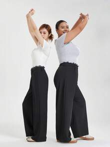 Dazy Plus Plus Size Lace-Up Patchwork Solid Color Loose Casual Pants, All-Season Delicate Lace Fall - Black - View 4