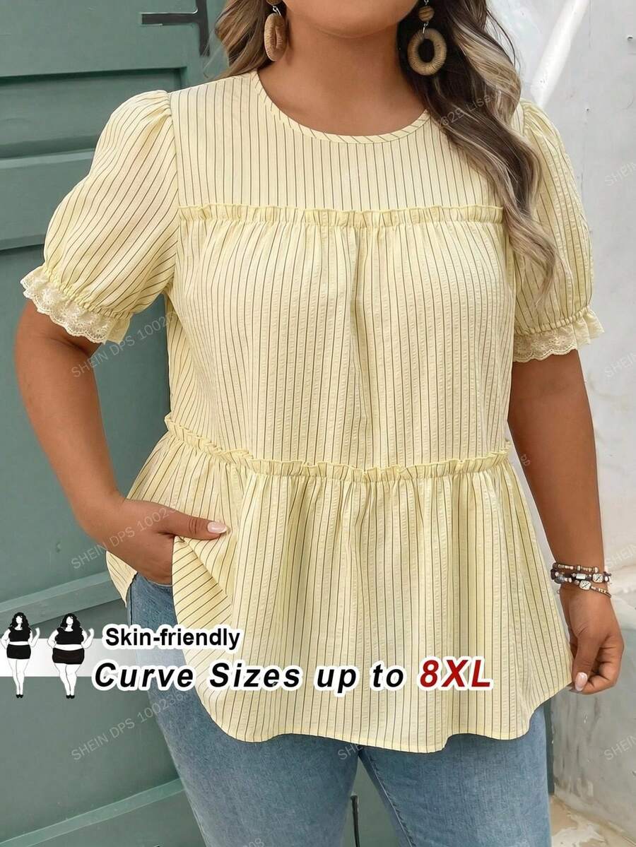 SHEIN CURVE+ 大码女式休闲上衣，春夏女装，短袖衬衫 - 黃色 - 查看 1