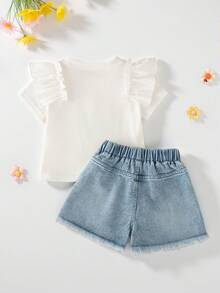 Genkimix Kids Young Girl Floral Applique Ruffle Sleeve T-Shirt And Fringe Denim Shorts 2pcs Set - White - View 4