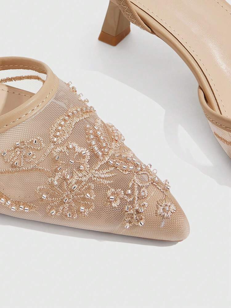 CUCCOO SZL Women's Pointed Toe High Heel Sandals With Pearl Embroidered Mesh Elements, Elegant And Fashionable, Suitable For Weddings, Afternoon Tea Parties, Valentine's Day, Bridesmaids, Brides