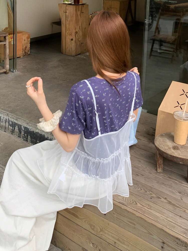 Women's Full Print Short Sleeve T-Shirt With Camisole 2 Pieces Set