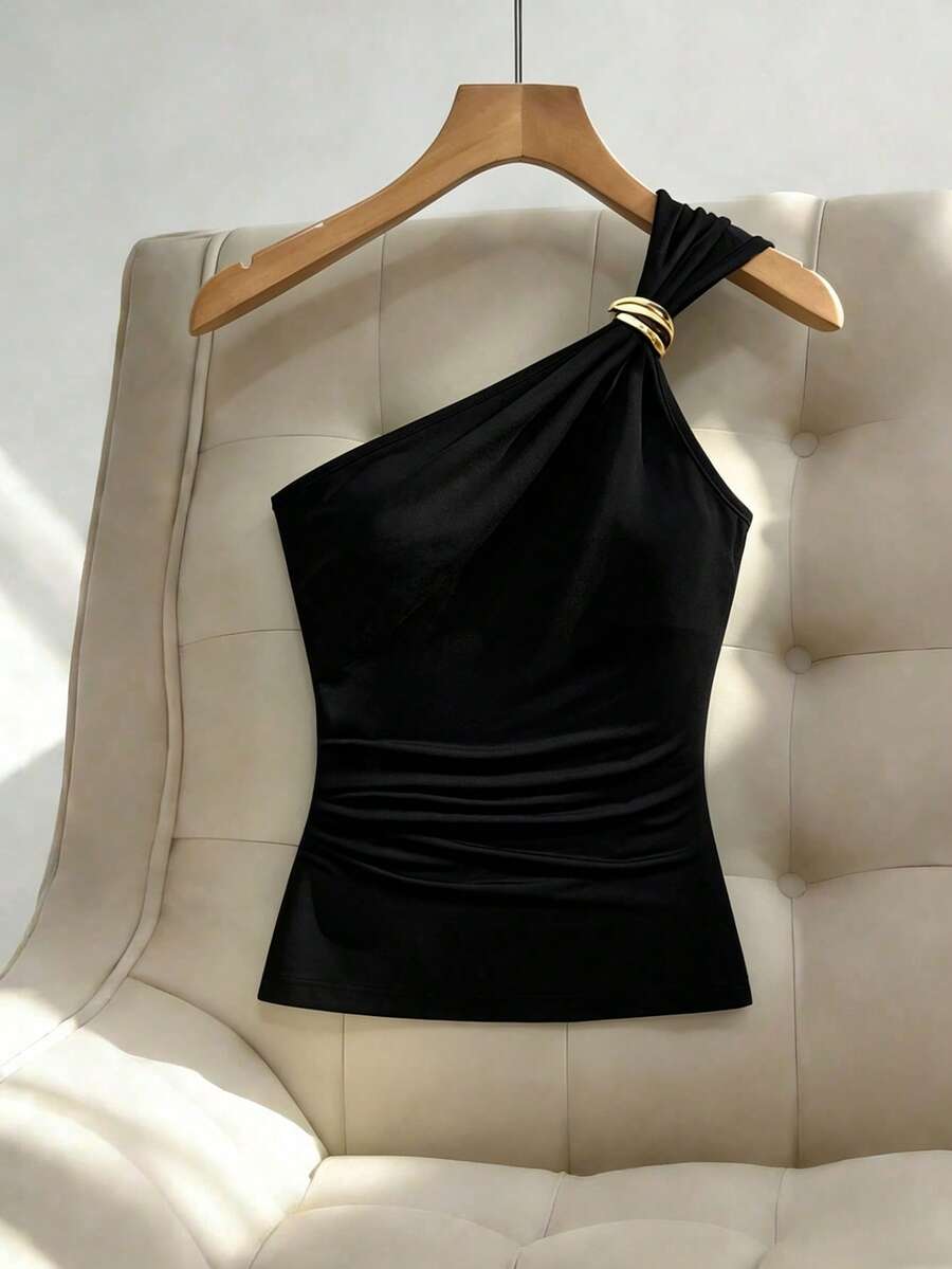 SHEIN Franclia Damtopp med ärmlös, off-shoulder-mönster och enfärgad sommartopp i minimalistisk design, enfärgad - Svart - Visa 1