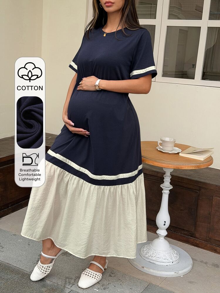 Contrast Color Patchwork Round Neck Casual Loose Maternity Long Dress With Short Sleeves, Spring/Summer Sun Dresses For Women