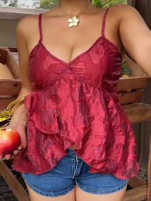 Dazy Plus Plus Size Women Solid Color Textured Flared Hem Camisole Elegant Summer Top Vacation Gym Brown - Burgundy - View 1