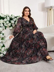 Reflora Plus Size Women Floral Print V-Neck Long Sleeve Elegant Dress - Red - View 7