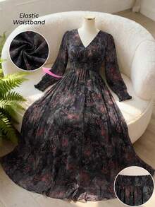 Reflora Plus Size Women Floral Print V-Neck Long Sleeve Elegant Dress - Red - View 13