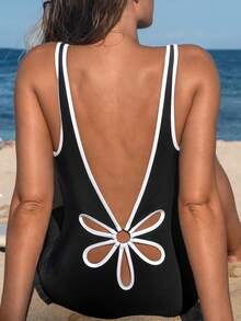 Swim SPRTY 1pc Women's White And Black Backless Drawstring Waist Sports Swimsuit Beach Summer Modest - Black and White - View 3