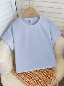 SHEIN Kaos Crop Top Lengan Pendek Kerah Bulat Longgar Warna Polos Kasual untuk Remaja Perempuan - Biru - View 6