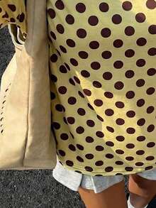 Tween Girl Polka Dot Print Merlot Color Retro Polka Dot Ins Style Casual Loose Dropped Shoulder Short Sleeve T-Shirt, Suitable For Summer - Multicolor - View 5