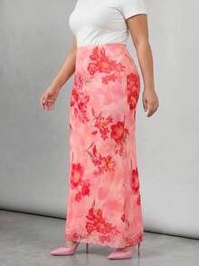 SHEIN Tall CURVE 大尺碼女款高個花卉夏季波希米亞風海灘度假 Y2K 高腰優雅長裙，適合派對、婚禮賓客、度假 - 粉色 - 查看 13