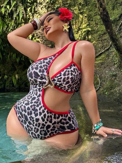 Swim Vcay Plus Size Women's One-Piece Random Leopard Print Gold Accent Casual Swimsuit