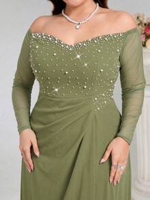 Coutiva Plus Size Beaded Off-Shoulder Formal Evening Gown - Olive Green - View 4