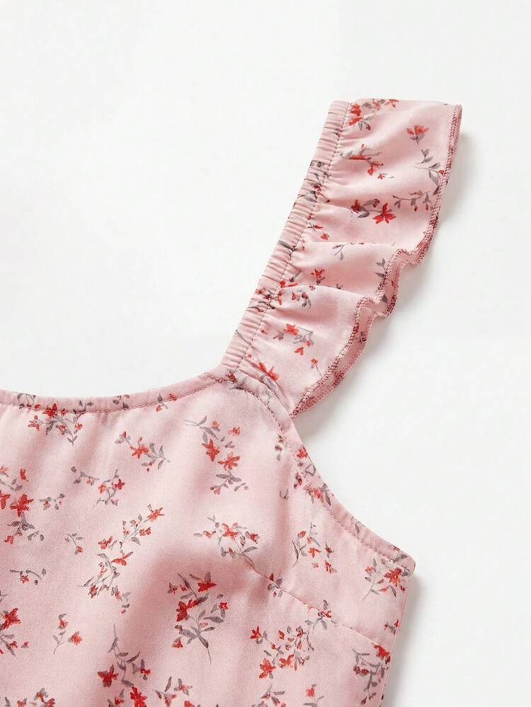 Pink Sleeveless Floral Print Top With Ruffled Straps Cute Spring French Style Cute Summer Top Casual Holiday Top Ruffle Flower Top