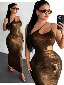 SHEIN SXY Vestido de moda ajustado con diseño de corte para mujer sin mangas - Dorado - Ver 5
