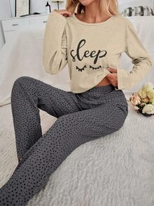 EURMUSE 100% Cotton 2Pcs Eye&Heart Printed PJ Set - Beige - View 5