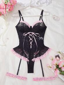 2pcs/Set Romantic Lace Ruffle Trim Lingerie Set - Black - View 6