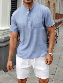 Manfinity CasualCool Bộ 2 áo sơ mi tay ngắn cài nút phía trước và quần short cho nam, thiết kế đơn giản - Xanh và trắng - Xem 7